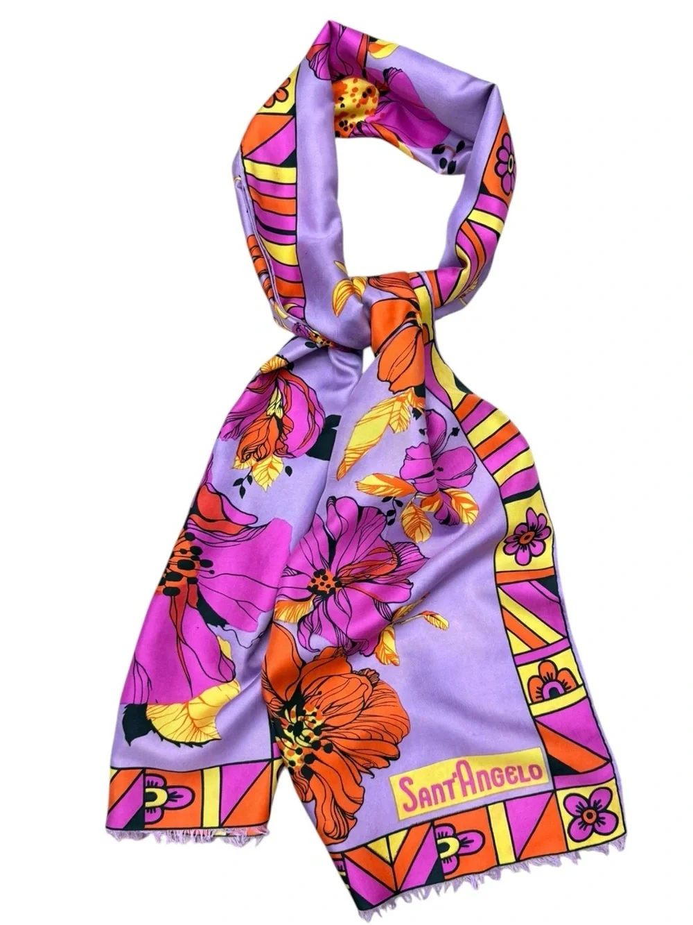 Sant’ Angelo Purple Floral Silk Scarf Luxury Vintage Mod 70s Tropical Floral